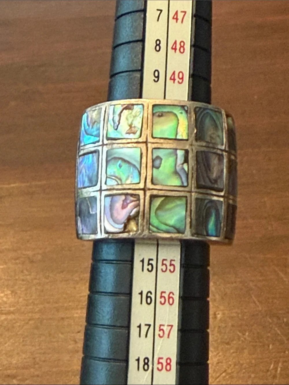 Wide Abalone Inlay Statement Ring in Iridescent Green-Blue AS-IS